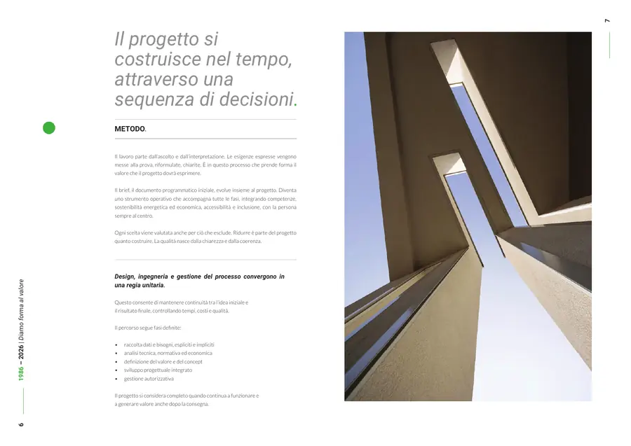 Company profile, pagine 6 e 7: Metodo. Il testo è nella colonna «Testo di queste pagine».