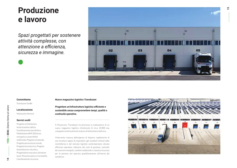 Company profile, pagine 14 e 15: Produzione e lavoro. Il testo è nella colonna «Testo di queste pagine».