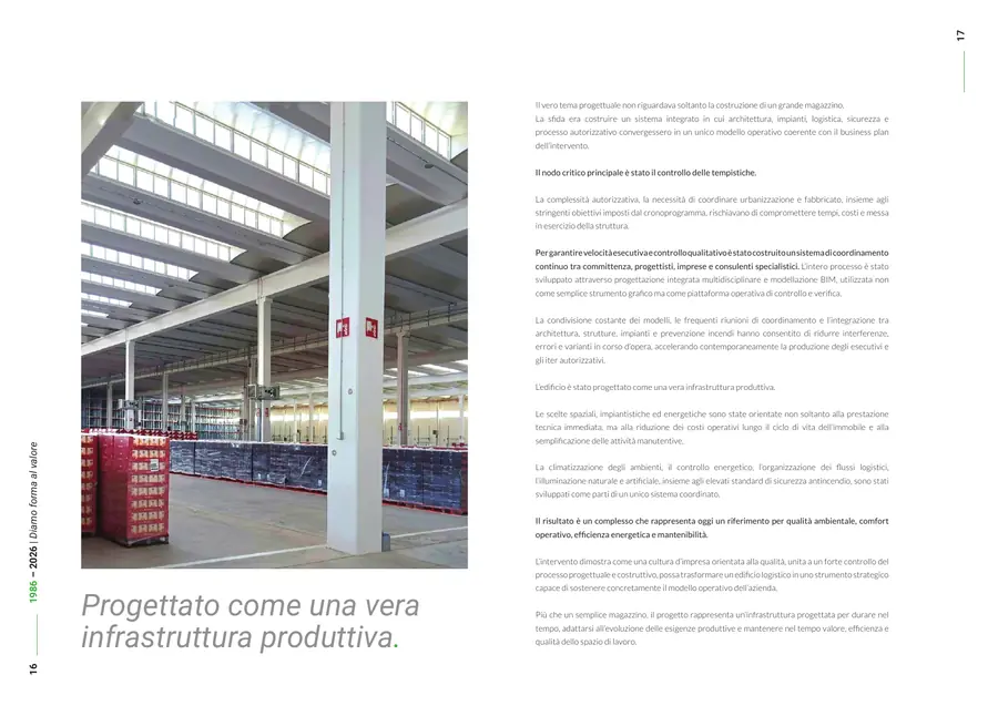 Company profile, pagine 16 e 17: Produzione e lavoro: il progetto. Il testo è nella colonna «Testo di queste pagine».