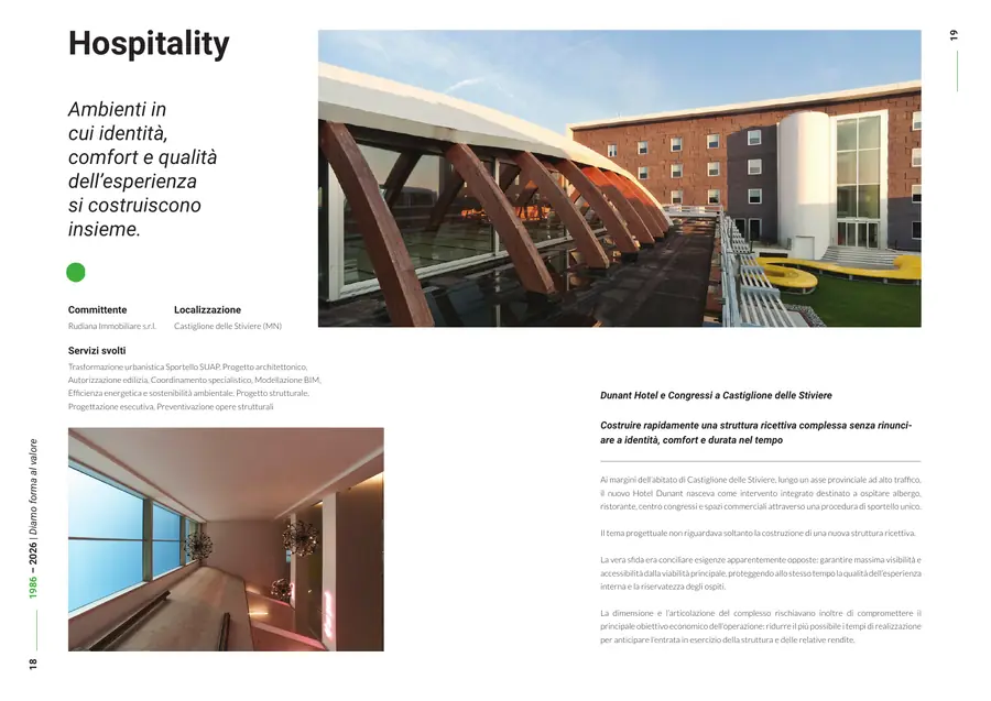 Company profile, pagine 18 e 19: Hospitality. Il testo è nella colonna «Testo di queste pagine».
