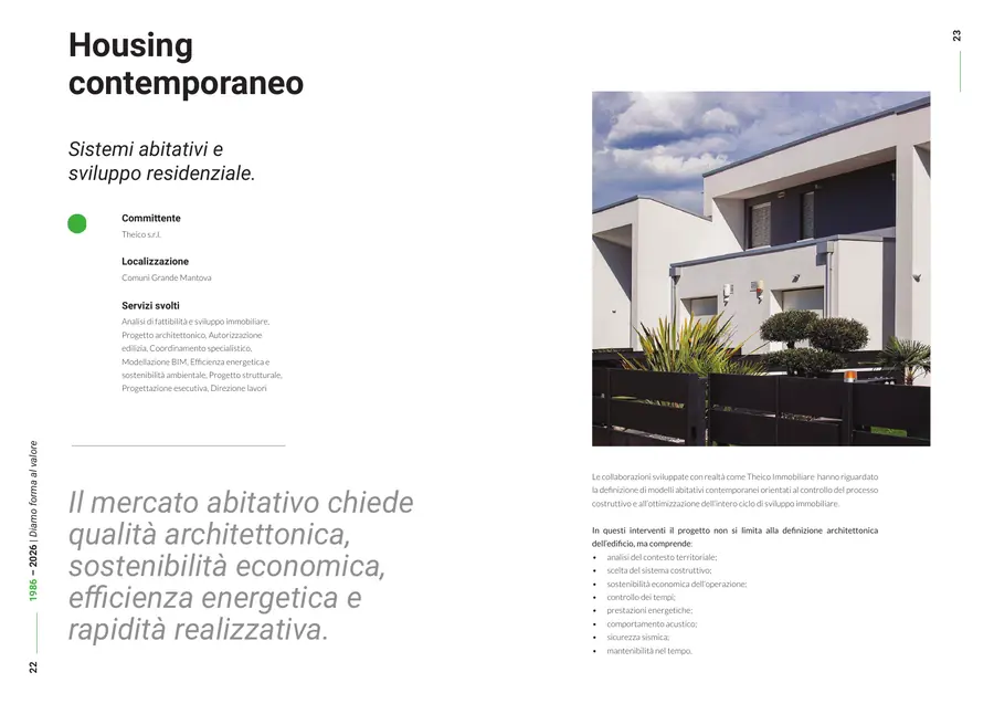 Company profile, pagine 22 e 23: Housing contemporaneo. Il testo è nella colonna «Testo di queste pagine».