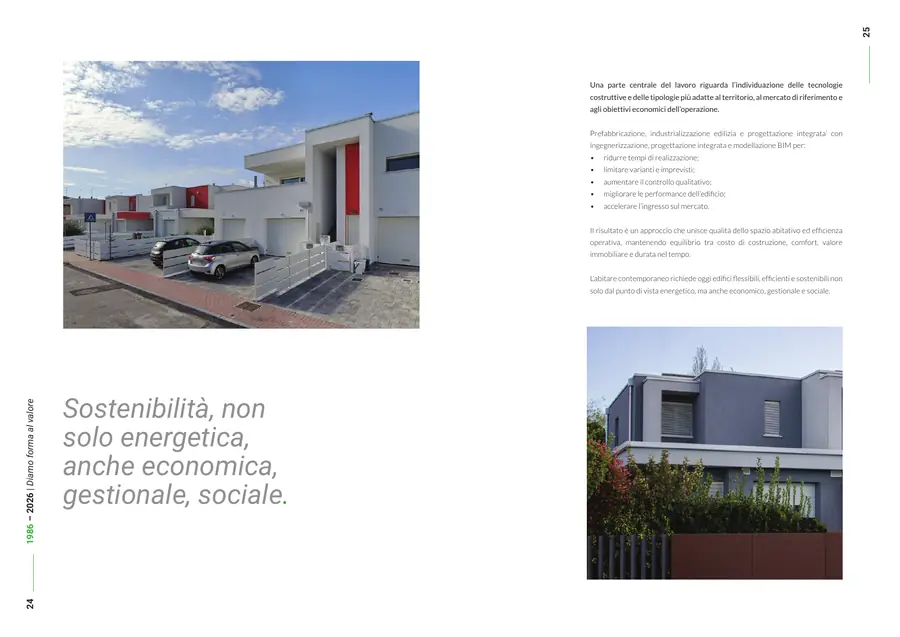 Company profile, pagine 24 e 25: Housing contemporaneo: sostenibilità. Il testo è nella colonna «Testo di queste pagine».