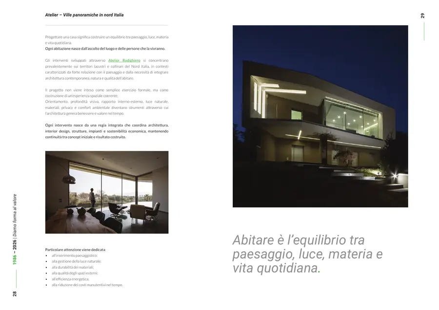 Company profile, pagine 28 e 29: Atelier, ville panoramiche. Il testo è nella colonna «Testo di queste pagine».