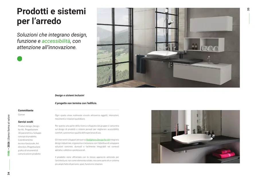 Company profile, pagine 34 e 35: Prodotti e sistemi per l'arredo. Il testo è nella colonna «Testo di queste pagine».