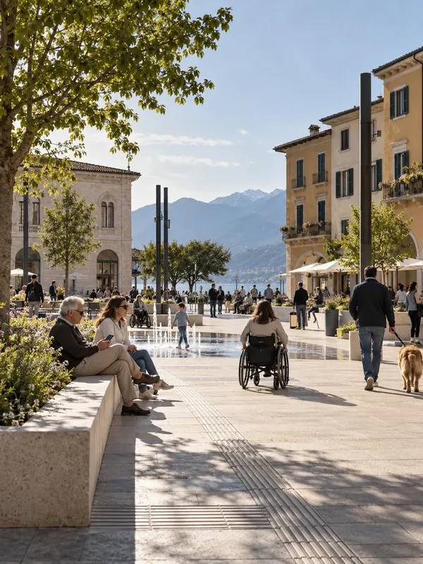 Piazza pedonale accessibile sul lago, vissuta da persone di età e condizioni diverse. Immagine generata con intelligenza artificiale.