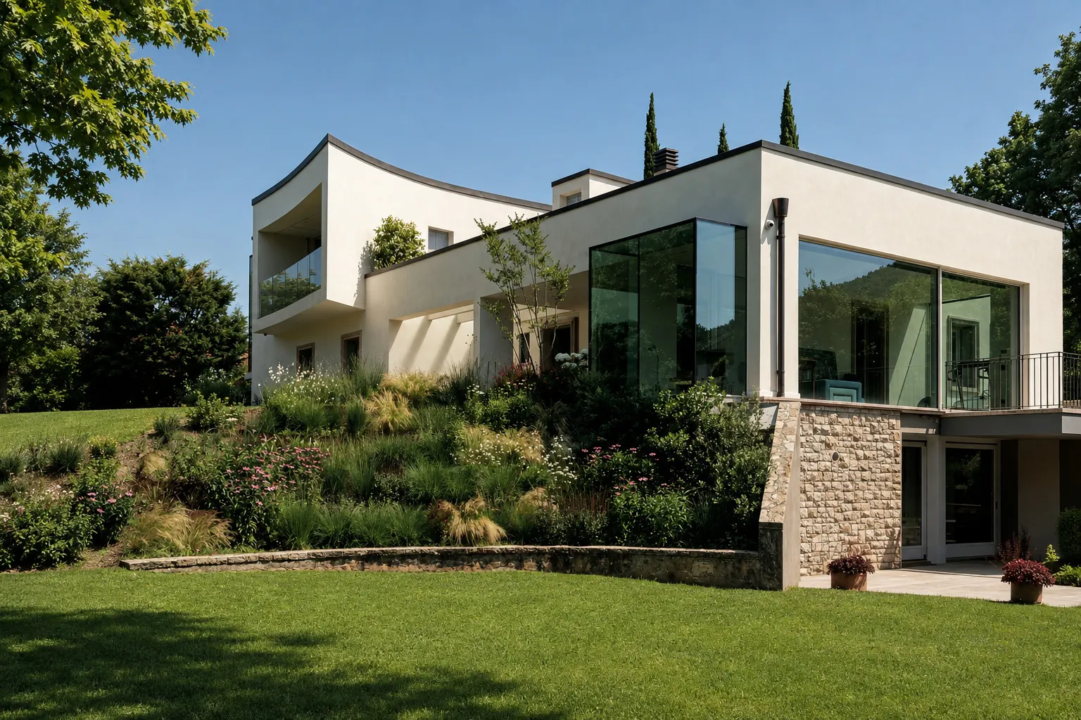 Villa contemporanea nel verde: volumi bianchi con copertura curva, grandi vetrate, basamento in pietra e giardino in pendenza
