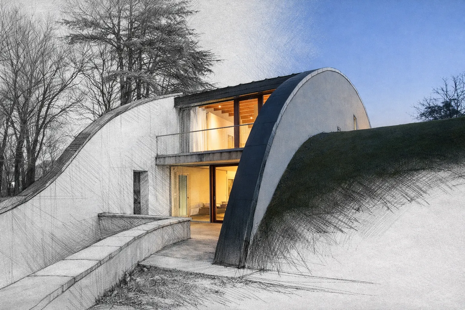 Casa con copertura a volta rivestita di prato, al crepuscolo: metà dell'immagine è un disegno a matita, metà una fotografia