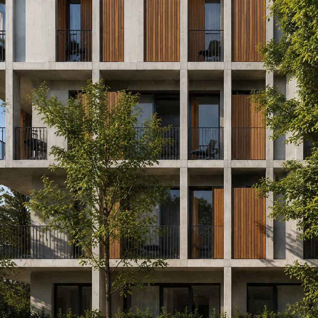 Facciata residenziale con logge, telai chiari e frangisole in legno, davanti a un albero. Immagine generata con intelligenza artificiale.