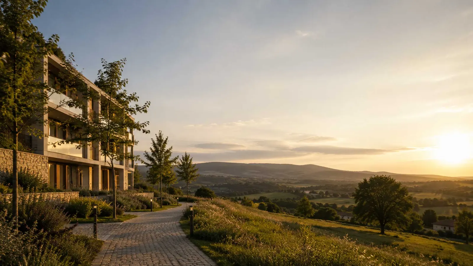 Residenze a terrazze sul pendio di una collina, con un sentiero e la campagna al tramonto. Immagine generata con intelligenza artificiale.