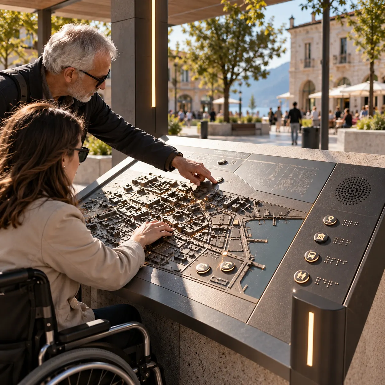 Mappa tattile digitale in bronzo su un leggio in pietra, con edifici in rilievo, pulsanti e altoparlante: una donna in carrozzina e un uomo la esplorano con le mani, sullo sfondo una piazza sul lago. Immagine generata con intelligenza artificiale.