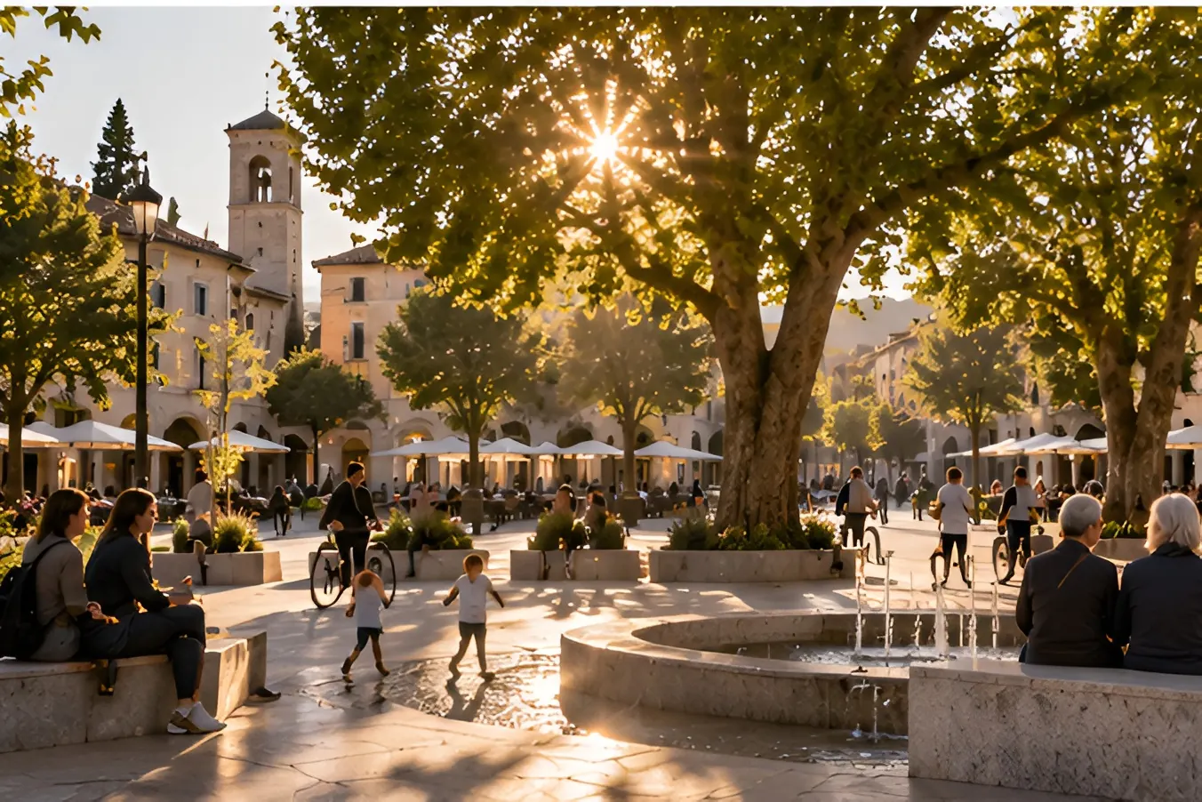 Piazza alberata al tramonto: persone sedute sulle sedute in pietra, bambini vicino alla fontana, ciclisti e tavolini all'aperto sotto gli alberi. Immagine generata con intelligenza artificiale.