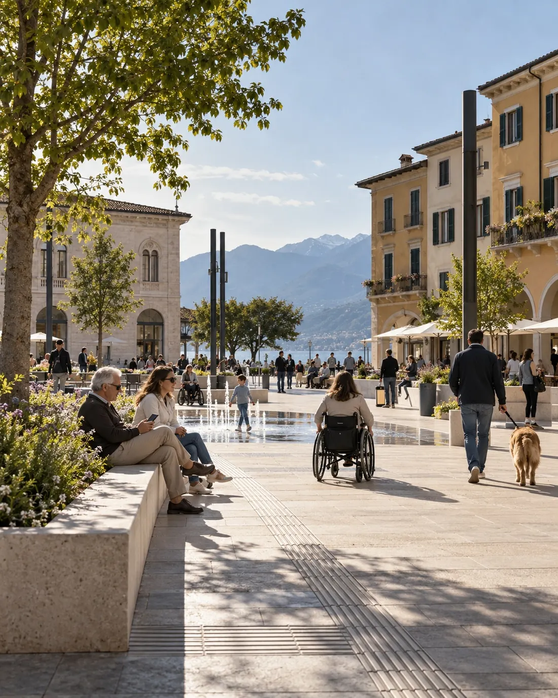 Piazza pedonale sul lago con pavimentazione continua e percorso tattile: una donna in carrozzina, due persone sedute su una seduta in pietra, un bambino vicino alla fontana a raso e un uomo con il cane. Immagine generata con intelligenza artificiale.