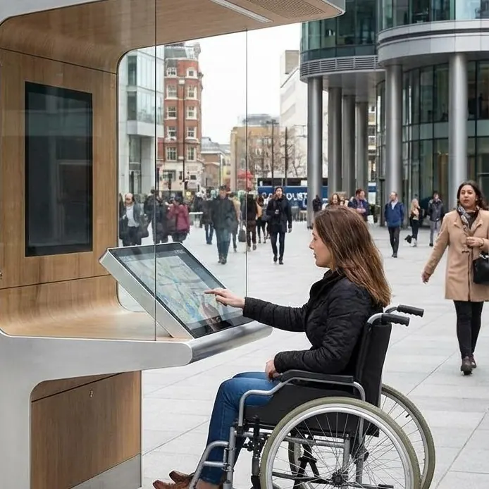 Punto informativo urbano con schermo inclinato ad altezza accessibile: una donna in carrozzina consulta una mappa interattiva in una piazza con passanti. Immagine generata con intelligenza artificiale.
