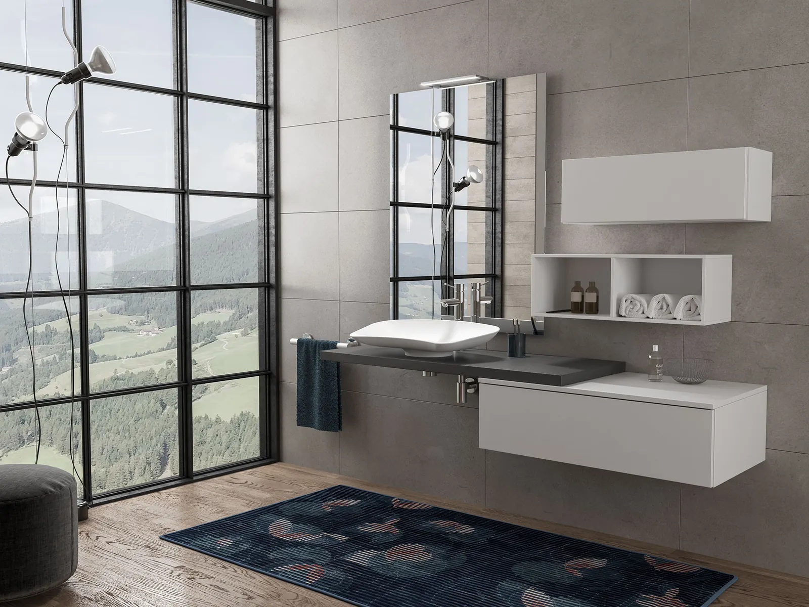 Lavabo d'appoggio Prime in un bagno contemporaneo: bordo anteriore avvolgente su mensola sospesa, grande vetrata sul paesaggio