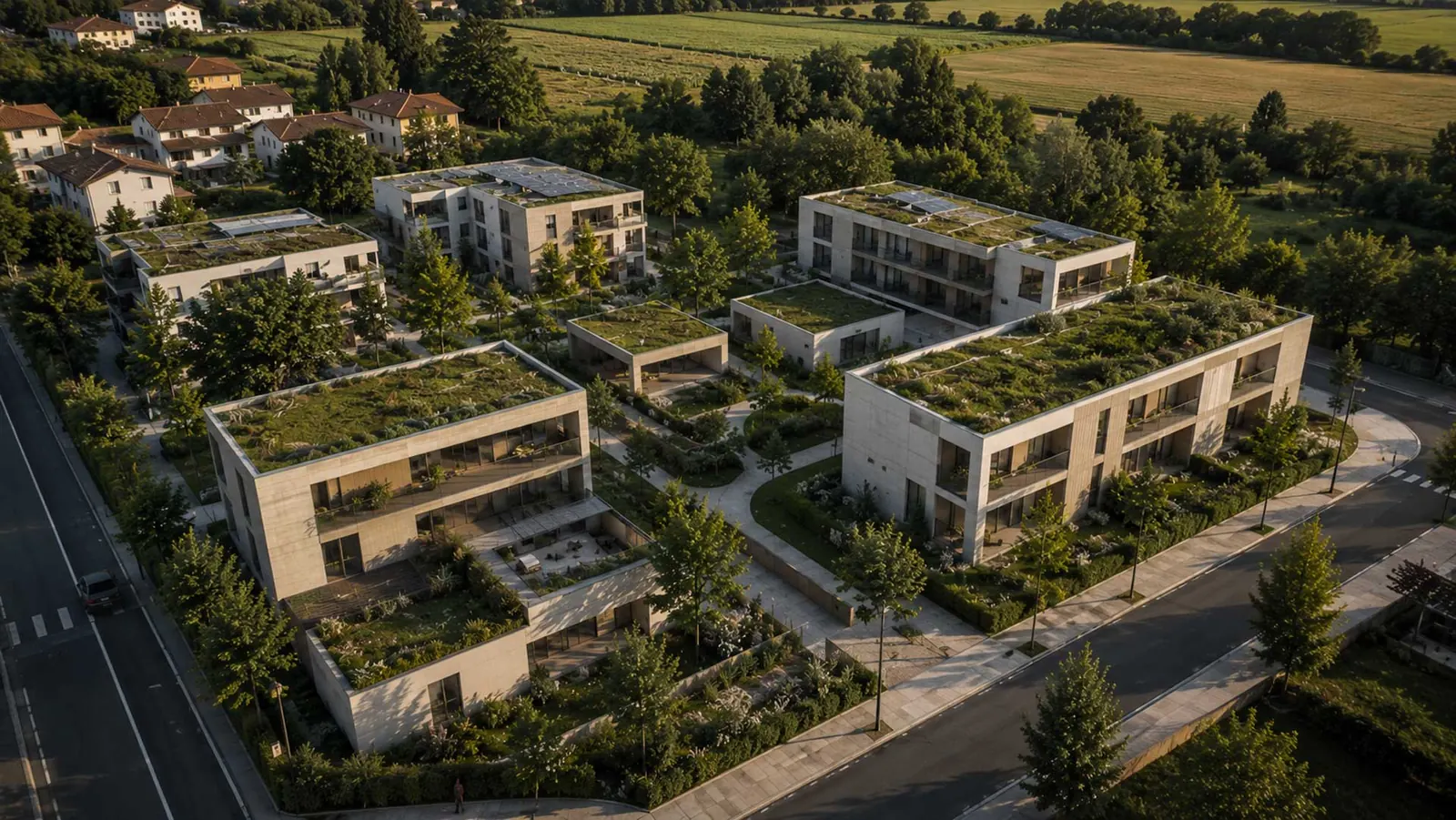 Quartiere di palazzine con tetti verdi e terrazze tra gli alberi, accanto a una strada e ai campi, vista dall'alto. Immagine generata con intelligenza artificiale.