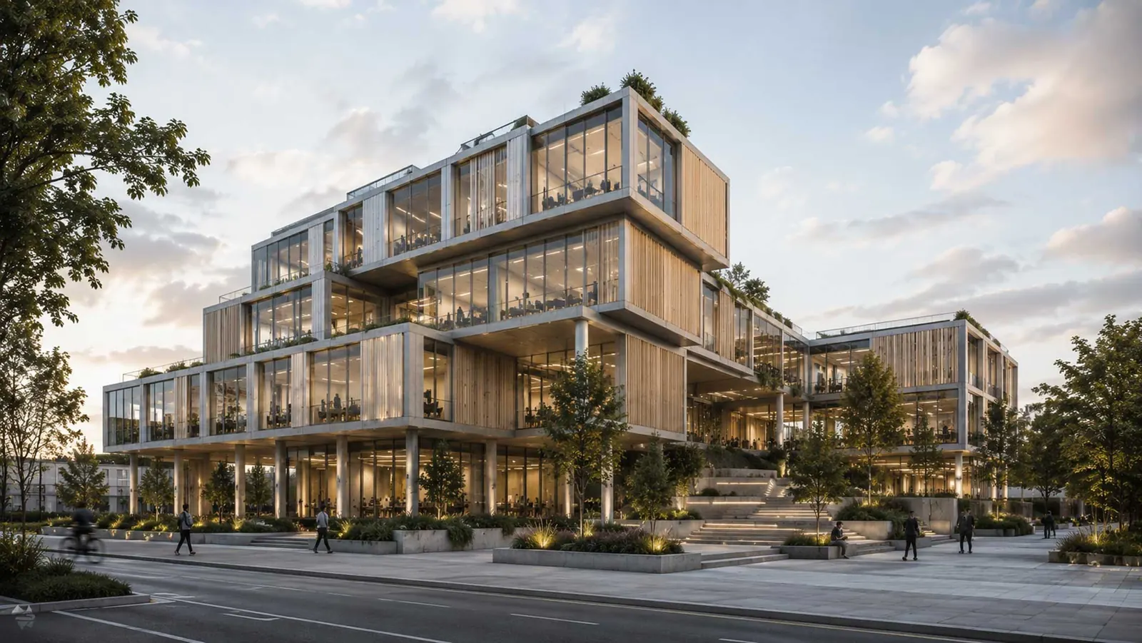 Edificio terrazzato a struttura in legno e facciate vetrate su una strada urbana, con persone sul marciapiede al tramonto. Immagine generata con intelligenza artificiale.