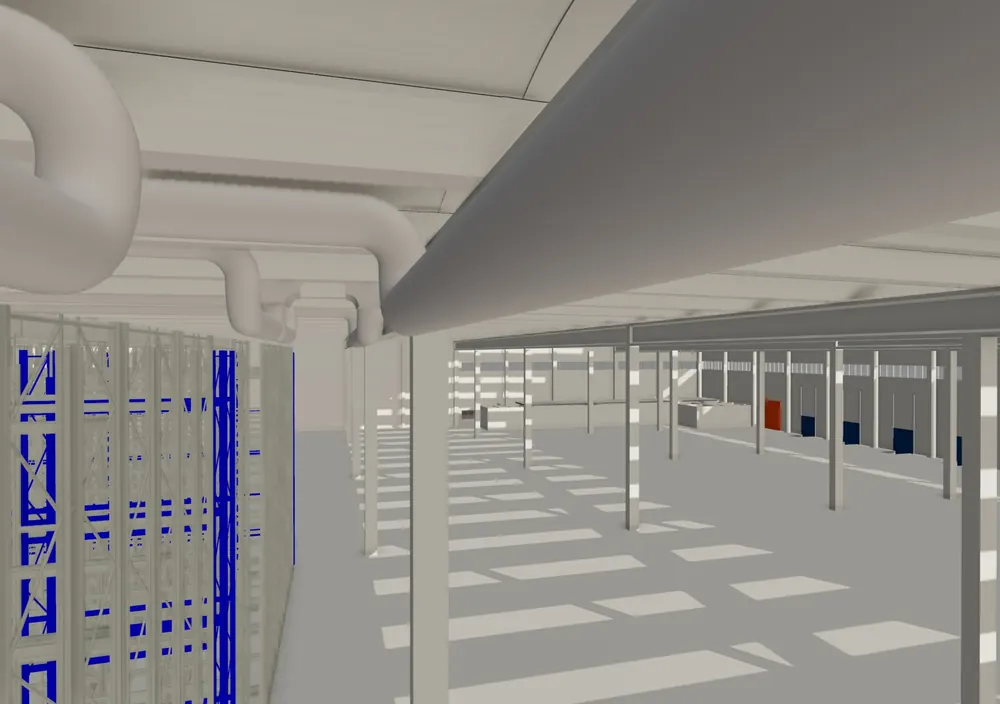 Modello BIM di un magazzino: canali degli impianti sotto la copertura, scaffalature e pilastri in prospettiva