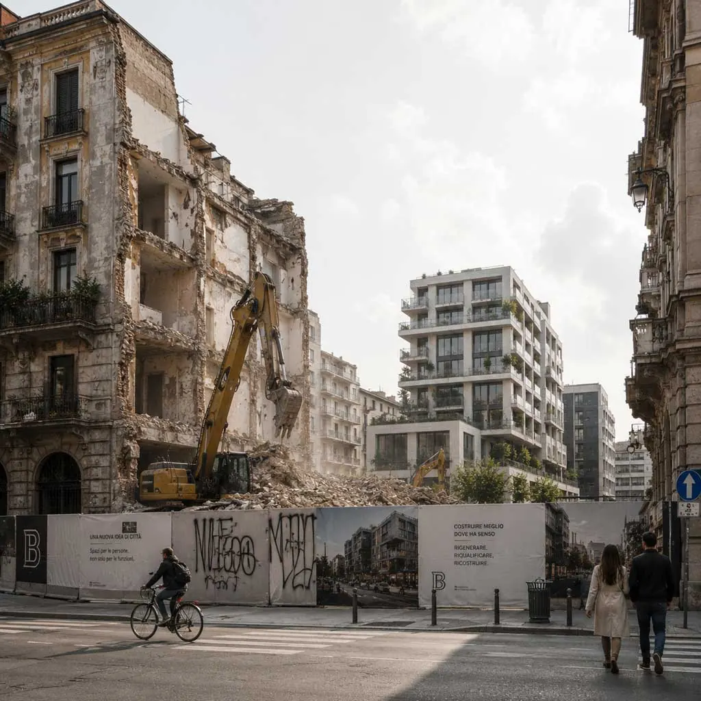 Edificio storico in demolizione con escavatore in cantiere, accanto a nuove residenze. Immagine generata con intelligenza artificiale.
