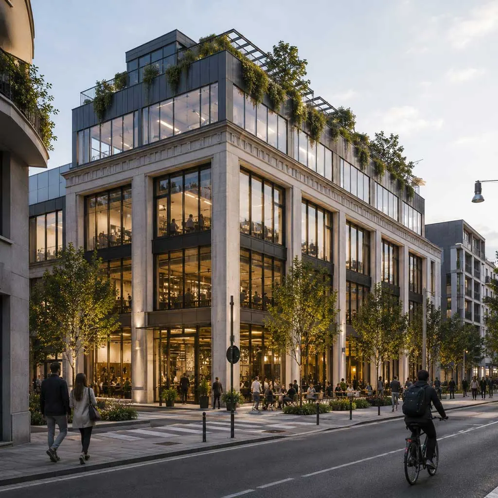 Edificio storico con sopraelevazione vetrata e terrazze verdi, su una strada con persone in bicicletta. Immagine generata con intelligenza artificiale.