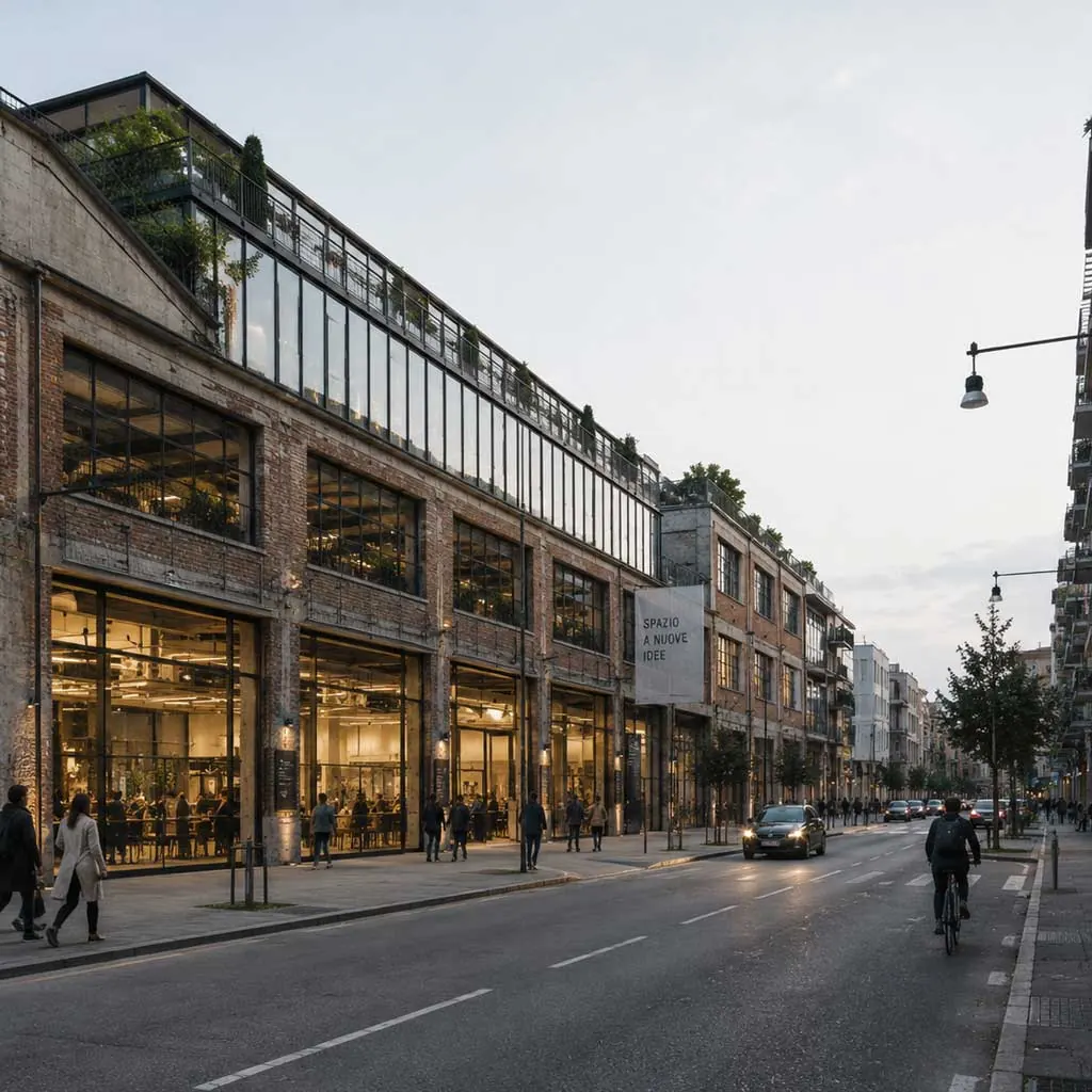 Ex fabbrica in mattoni con nuova copertura vetrata e negozi al piano terra, lungo una strada con ciclisti. Immagine generata con intelligenza artificiale.