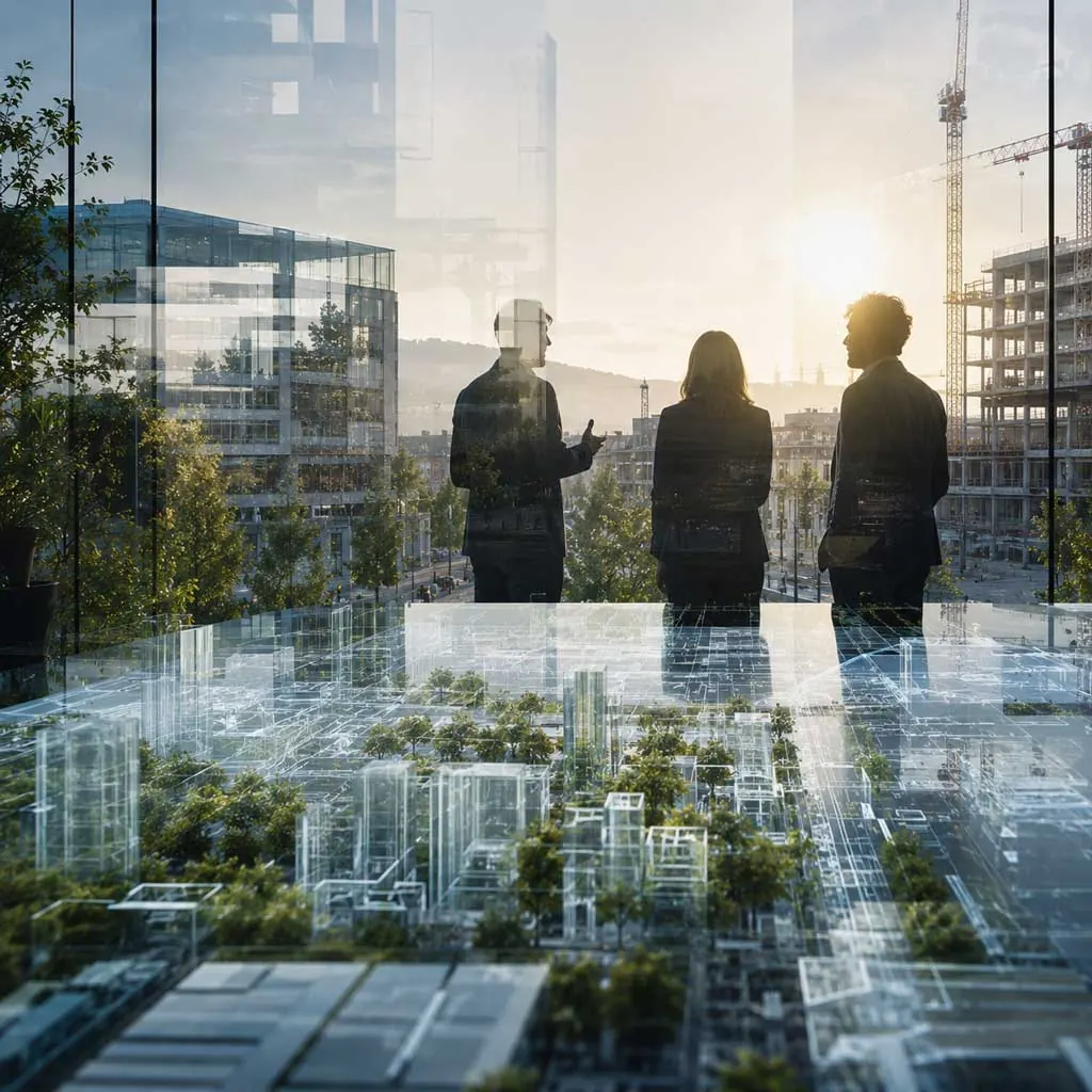 Tre persone in controluce davanti a un plastico della città, in una sala vetrata. Immagine generata con intelligenza artificiale.