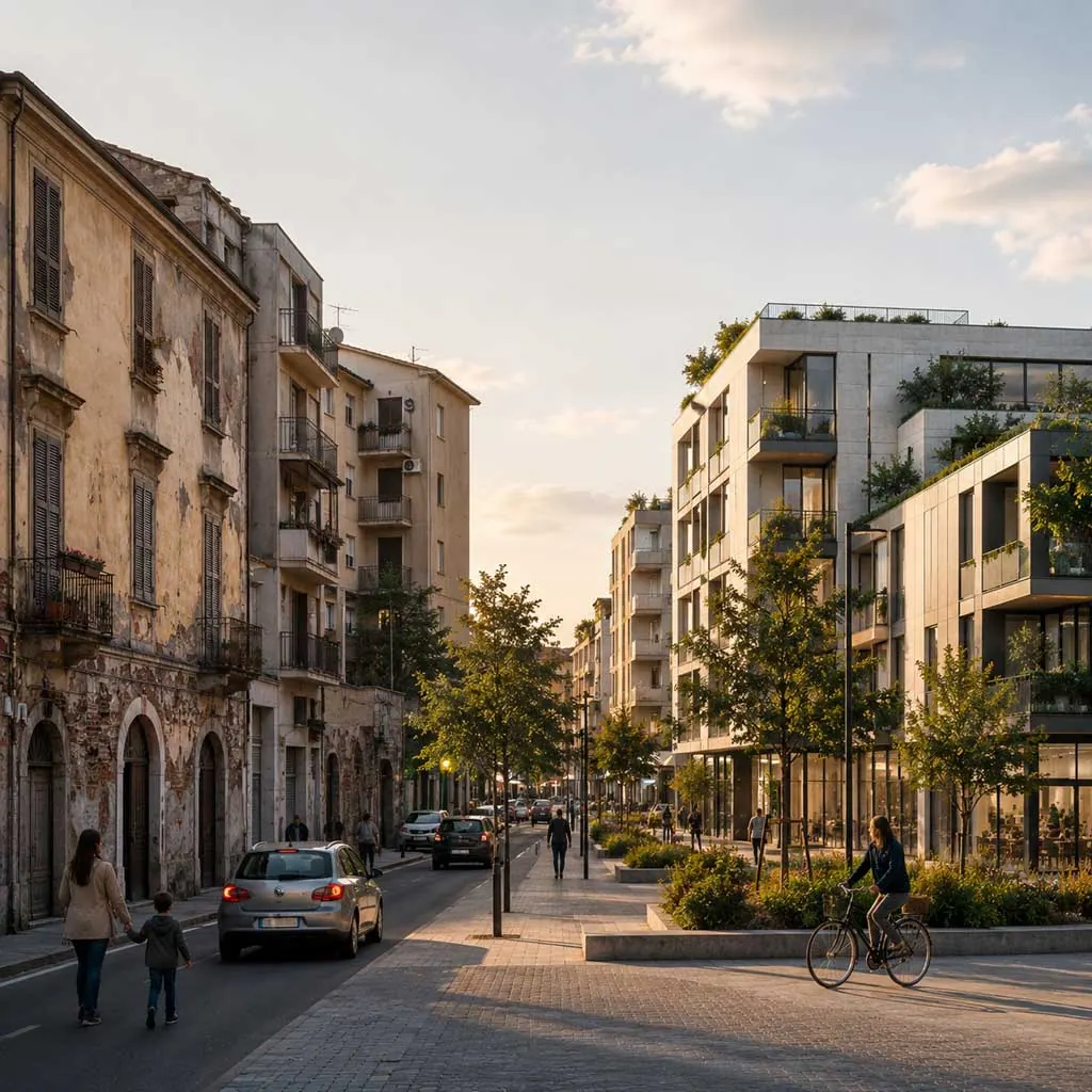 Strada urbana con edifici storici restaurati accanto a una nuova residenza con terrazze verdi, al tramonto. Immagine generata con intelligenza artificiale.