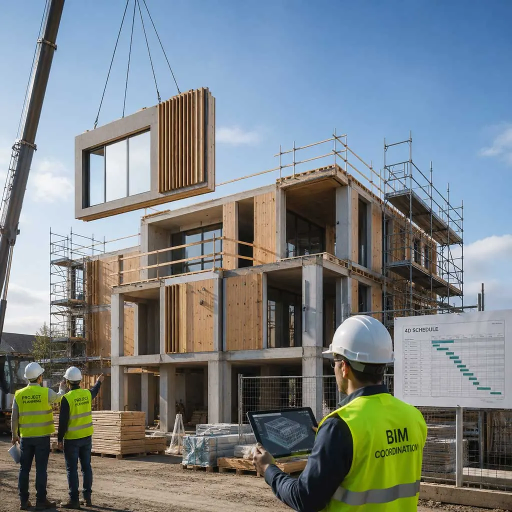 Cantiere di un edificio in legno: una gru solleva un pannello di facciata prefabbricato, tecnici con tablet e cronoprogramma. Immagine generata con intelligenza artificiale.