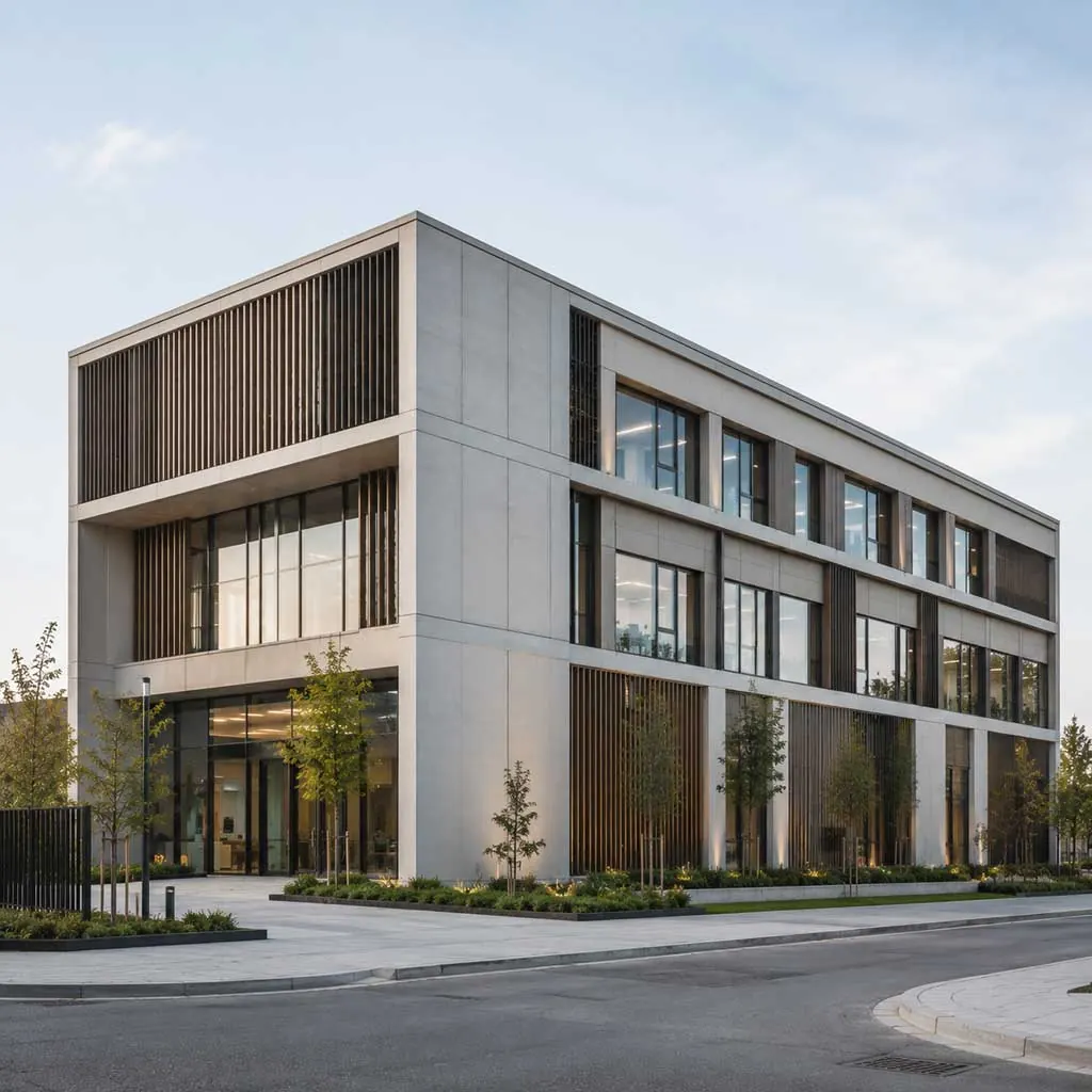 Edificio per uffici a tre piani con facciata in pannelli chiari, frangisole in legno e ampie vetrate. Immagine generata con intelligenza artificiale.