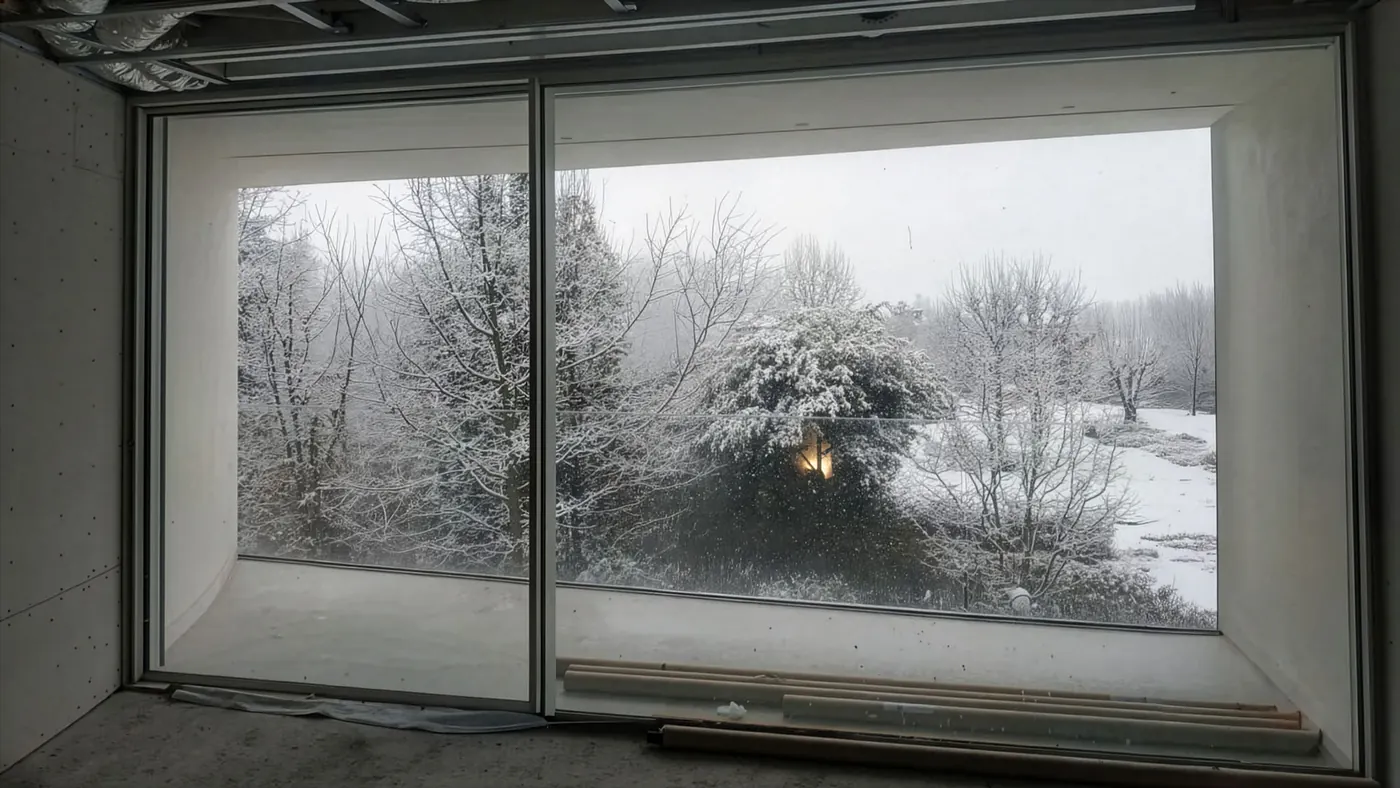 Grande vetrata a tutta altezza aperta su un giardino innevato, vista dall'interno